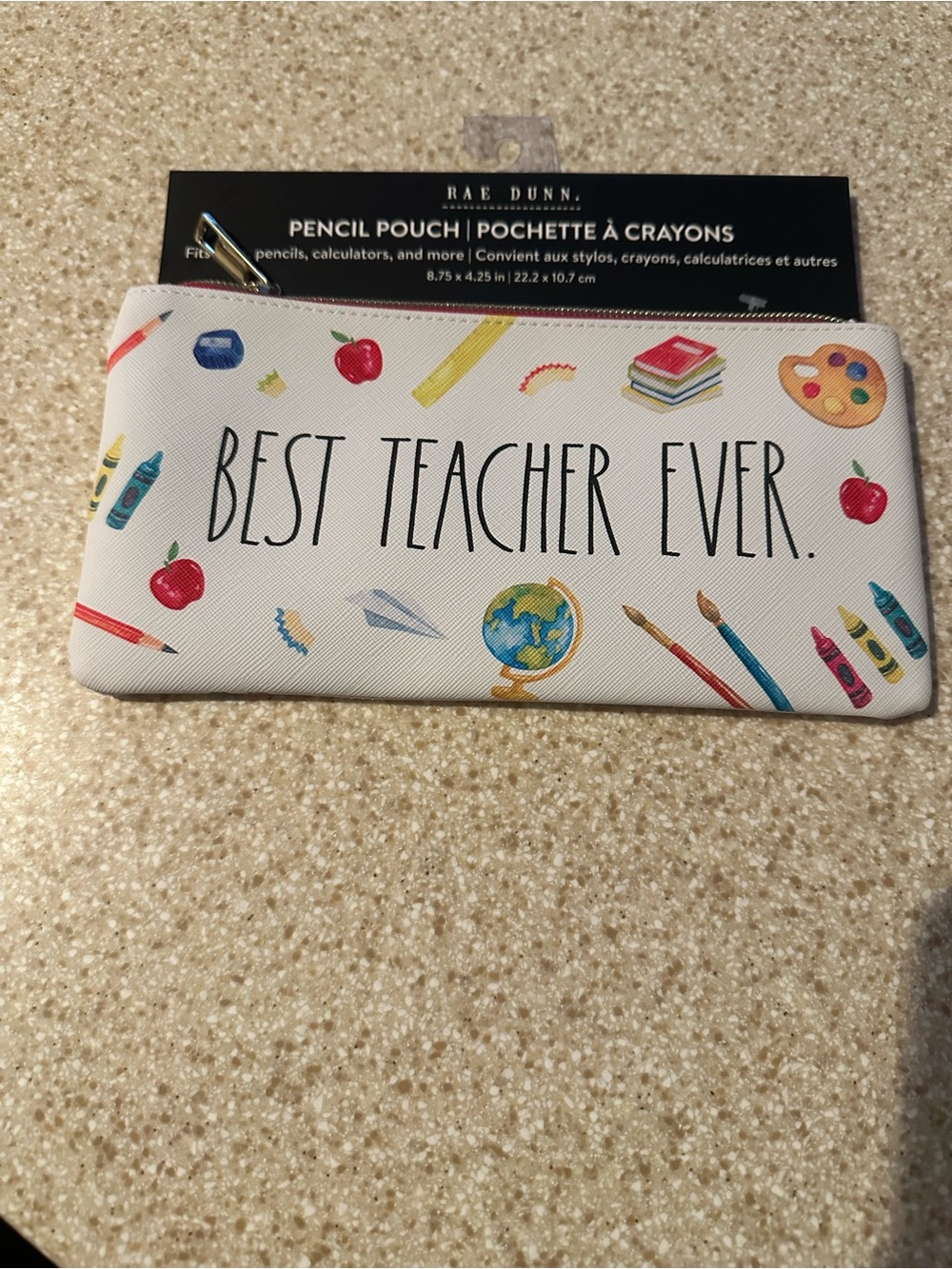 Rae Dunn "Best Teacher Ever" Pencil Pouch - White with Colorful School Icons.